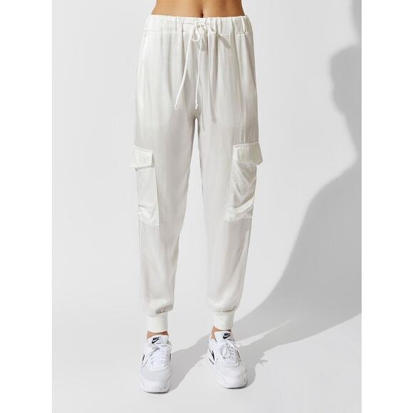 LNA Shine Cargo Jogger Pants Womens XS White Satin High Rise Elastic Pull On - Picture 1 of 14